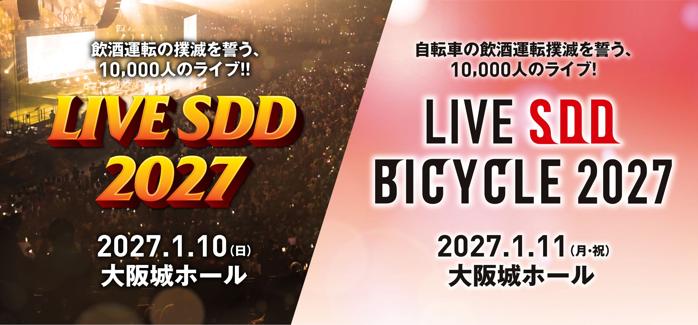 飲酒運転の撲滅を誓う、10,000人のライブ!! LIVE SDD 2027 2027.1.10（日）大阪城ホール / 自転車の飲酒運転撲滅を誓う、10,000人のライブ!! LIVE SDD BICYCLE 2027 2027.1.11（月・祝）大阪城ホール